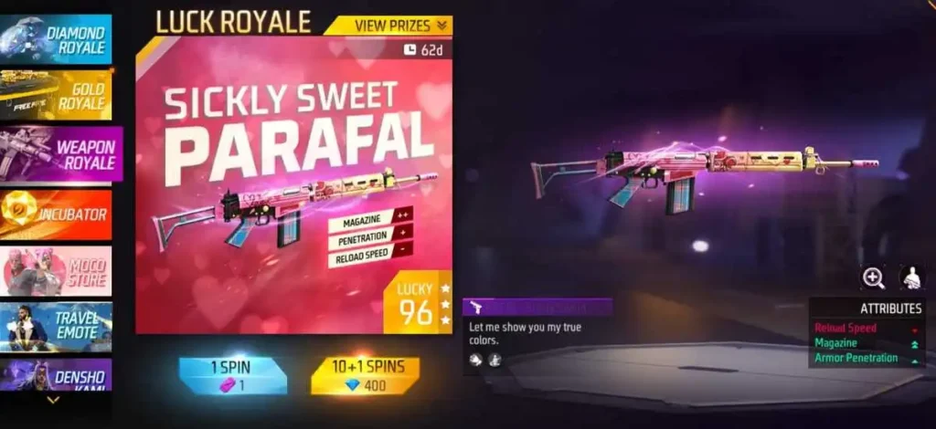 How To Get Sickly Sweet Parafal Gun Skin From Weapon Royale In Free Fire Max 2023